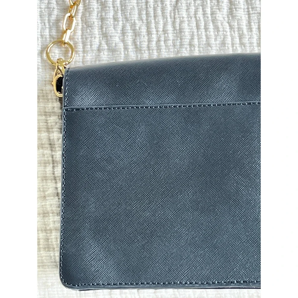 Tory Burch Black Saffiano Leather Envelope Clutch Gold Chain Purse Bag